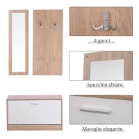 Mobile per Ingresso in Legno Set 3 Pezzi con Scarpiera, Appendiabiti e Specchio, 80x27x46.5cm - Color Legno