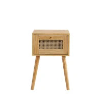 Comodino classico, con piano cassetto in rattan, per soggiorno e camera da letto, 38×38×58,5 cm, Naturale