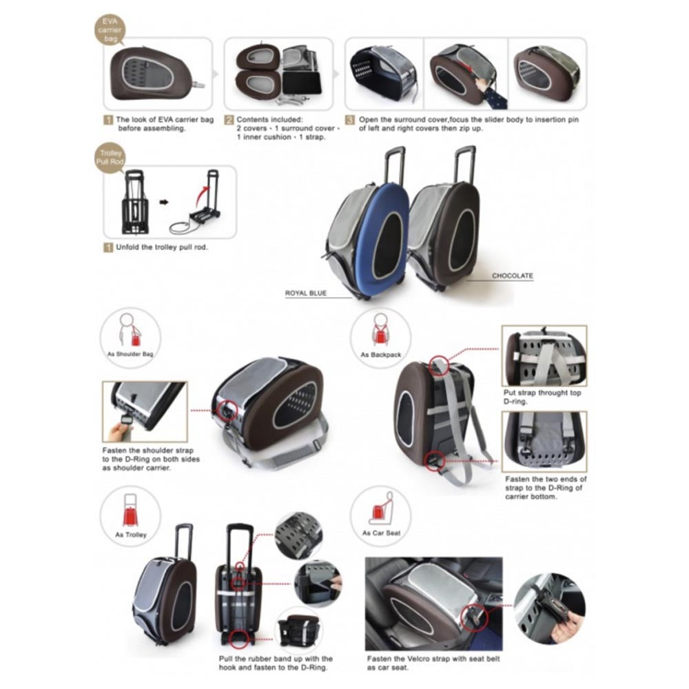 Passeggino per animali 5 in 1 max 8 kg pet rolling combo cani gatti e piccoli animali arancione