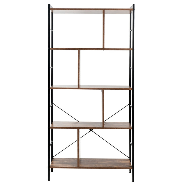 Scaffale libreria stile industriale con 5 mensole di metallo-Scaffale con divisori da casa e ufficio-Marrone rustico