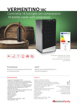 Melchioni Family Cantinetta Vino Refrigerata VERMENTINO 18C Capacità 18 Bottiglie 50 litri Temperatura Regolabile 5-18° con Compressore Porta Vetro Temperato e Filtro Anti UV