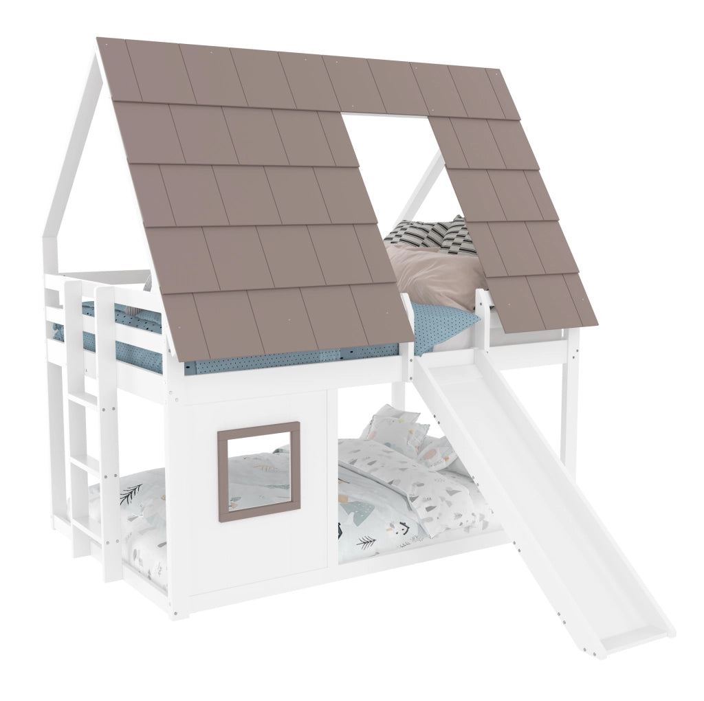 Letto a castello 140x200 cm a forma di casa con tetto; scala e scivolo in MDF; pino; compensato marrone e bianco