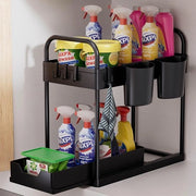 Organizzatore per 2 livelli sotto la lavello con 4 ganci e 2 ciotole, rastrello multifunzionale per spezie, cassa per lavello organizzatore per la pulizia per bagno cucina (nero)