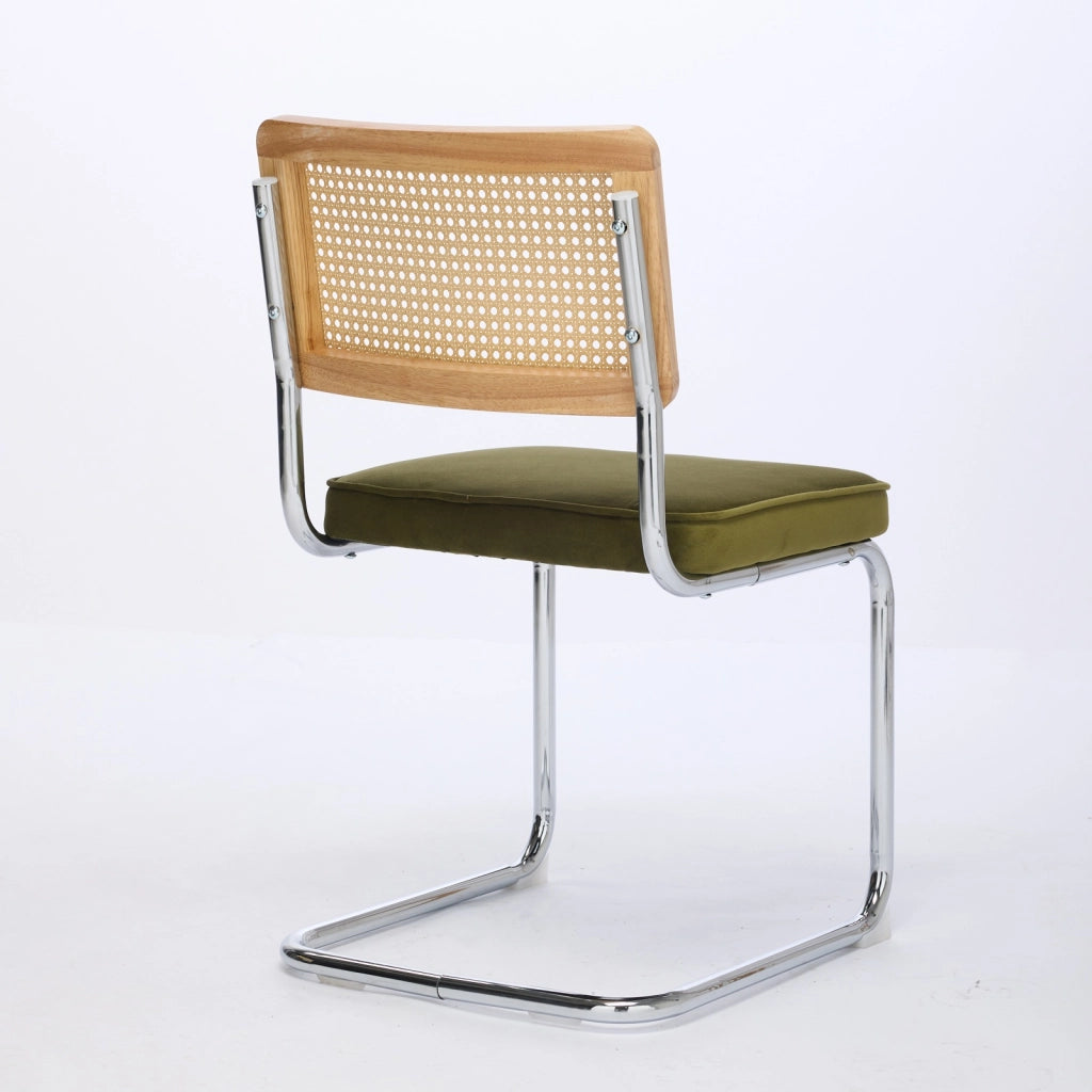 Sedia da pranzo moderna - Zephmum- Set di 2, schienale in rattan, base cromata, verde oliva