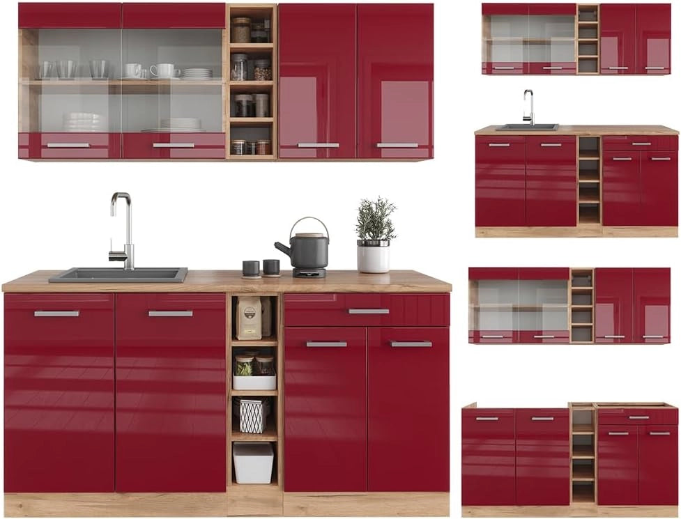 Cucina completa R-Line, Rosso lucido/rovere dorato, 160 cm, PL Antracite, adatto per combinazioni ed espansioni personalizzate