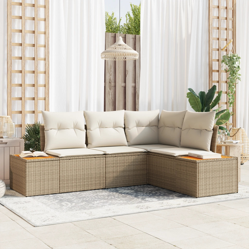 Set Divano Giardino 4 Pezzi con Cuscini Beige Polyrattan Acacia