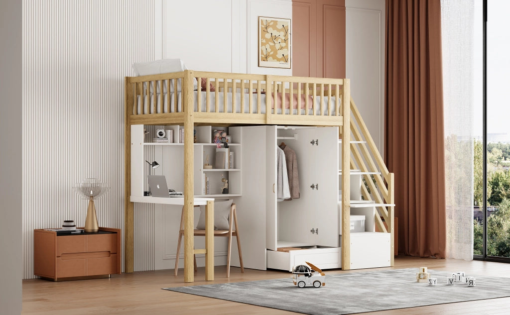 Letto a castello bianco e legno naturale con funzione contenitiva in legno massello 90x200 cm