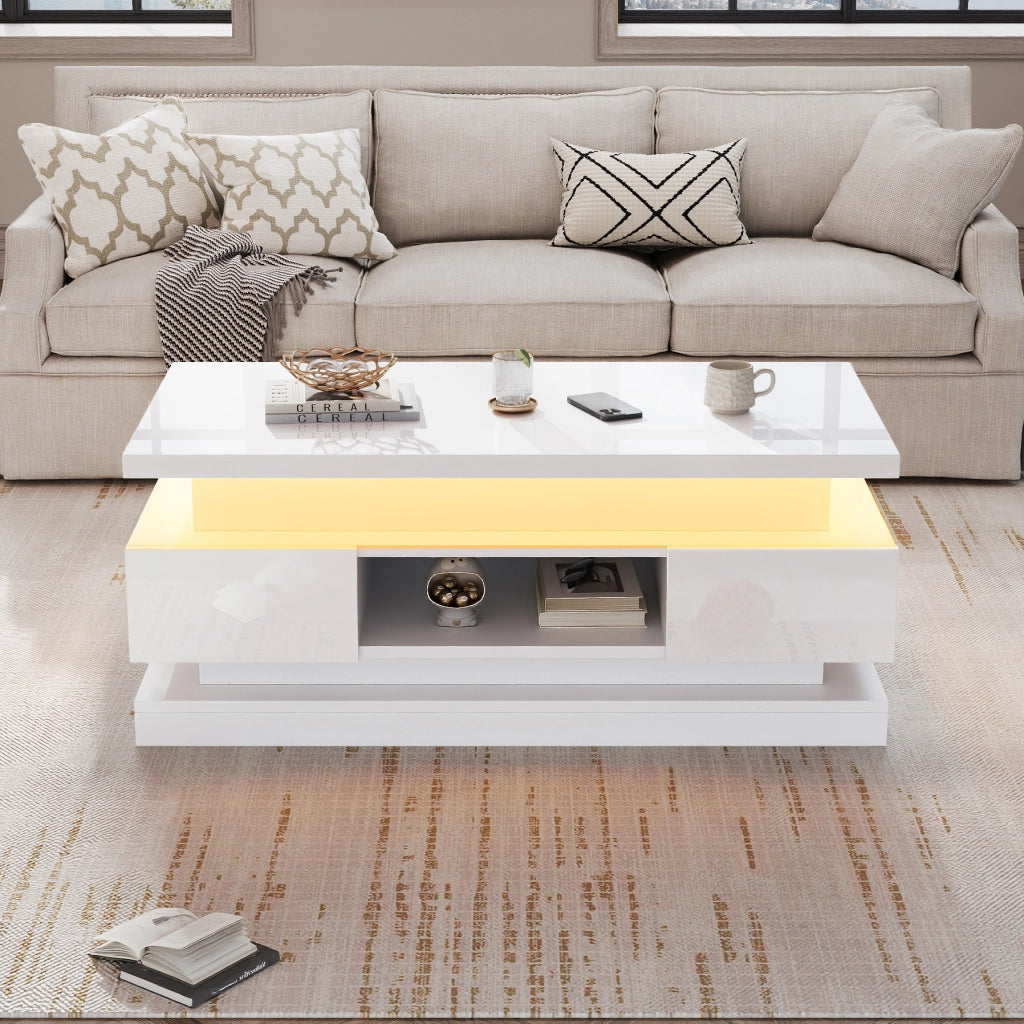 Tavolino basso sollevabile con LED, 2 cassetti e vano nascosto, per soggiorno, in truciolare, bianco, 100 × 50 × 40 cm