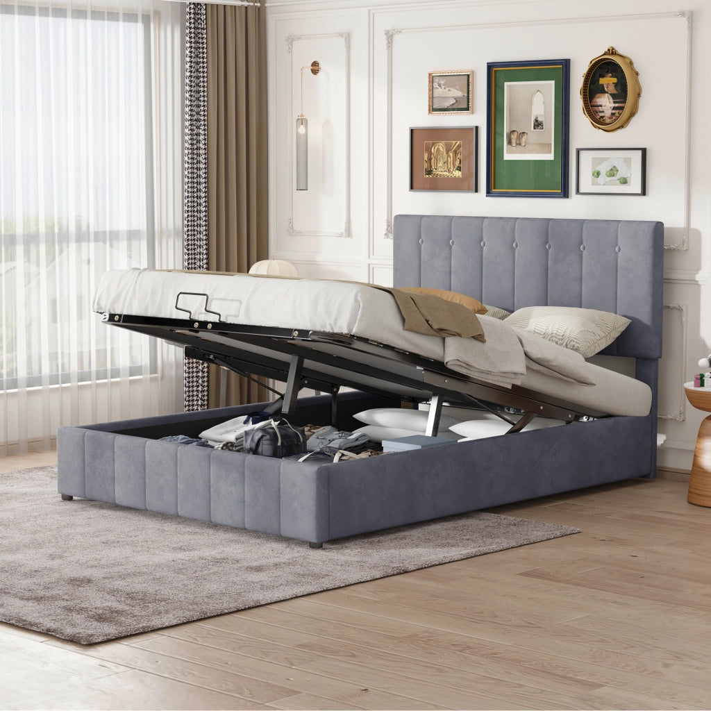 Letto Contenitore 140x200 cm; Letto Matrimoniale con contenitore idraulico; in Velluto Grigio