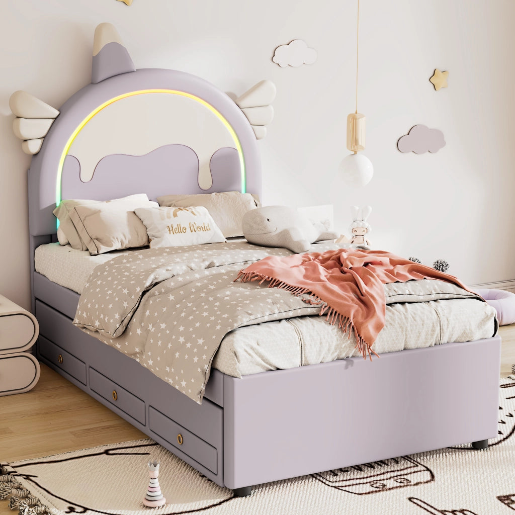 OKWISH Letto Bambini 90×200 cm, Letto Singolo con Letto Estraibile, 2 Cassetti e Testiera a Unicorno, senza Materasso, in PU, Viola