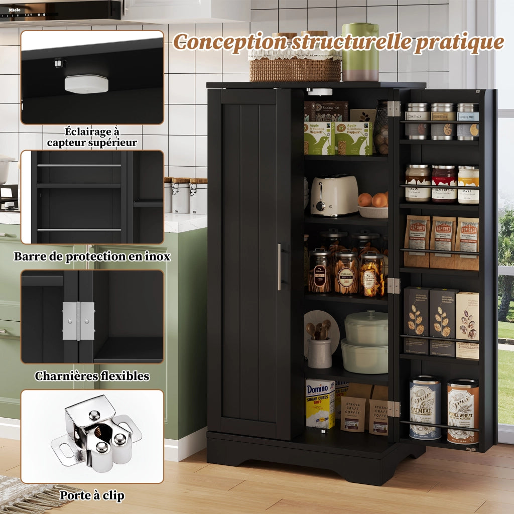 Dispensa alta con LED sensore 2 ante ripiano regolabile e vani anta per cucina soggiorno nera 120 × 60 × 40 cm