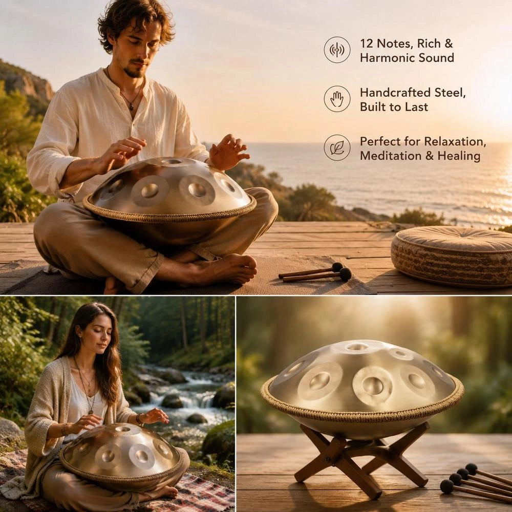 Handpan, 55 Cm, 12 Notes, D Minor Hand Drum, Drum Instrument With Mallets, 440 Hz Handpan Stand & Carrying Case, Healing Sound Drum Made Of Steel, Percussion Instruments For Adults & Beginners