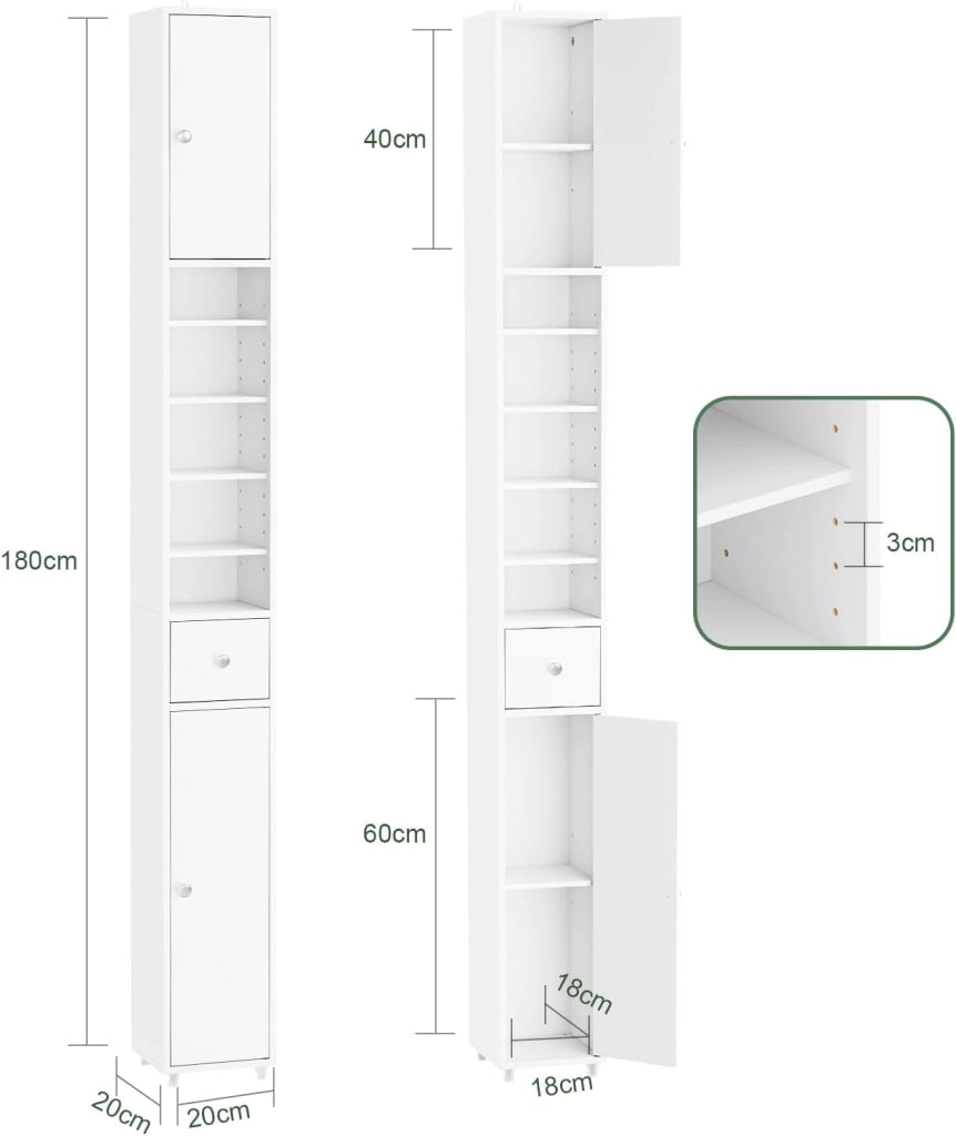 Mobile Bagno Alto e Stretto, Mobiletto Bagno Salvaspazio Mobiletto a Colonna da Terra con Ripiani Regolabili e Cassetto Armadietto per WC e Lavanderia 20×20×180 cm Bianco BZR34-II-W