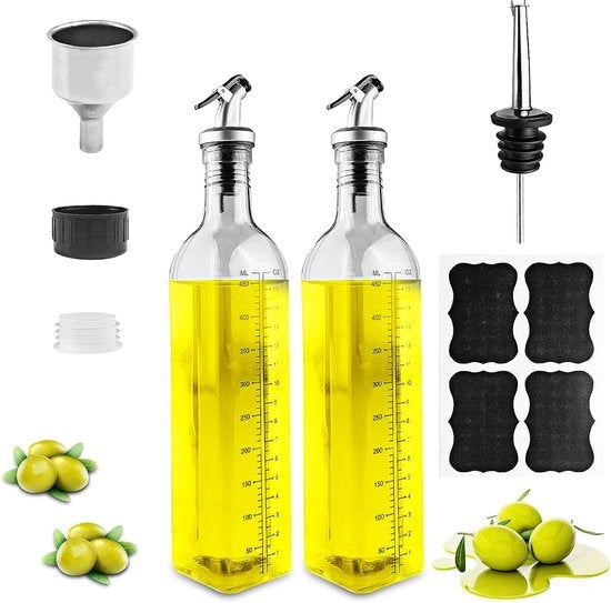 Olio con beccuccio, 2 pezzi, vetro, 500 ml, dispenser per aceto e olio con beccuccio, cucchiaio, chiusura antiscivolo, dispenser trasparente per olio di oliva, contenitori per olio per cucina, barbecue, pasta, insalate.