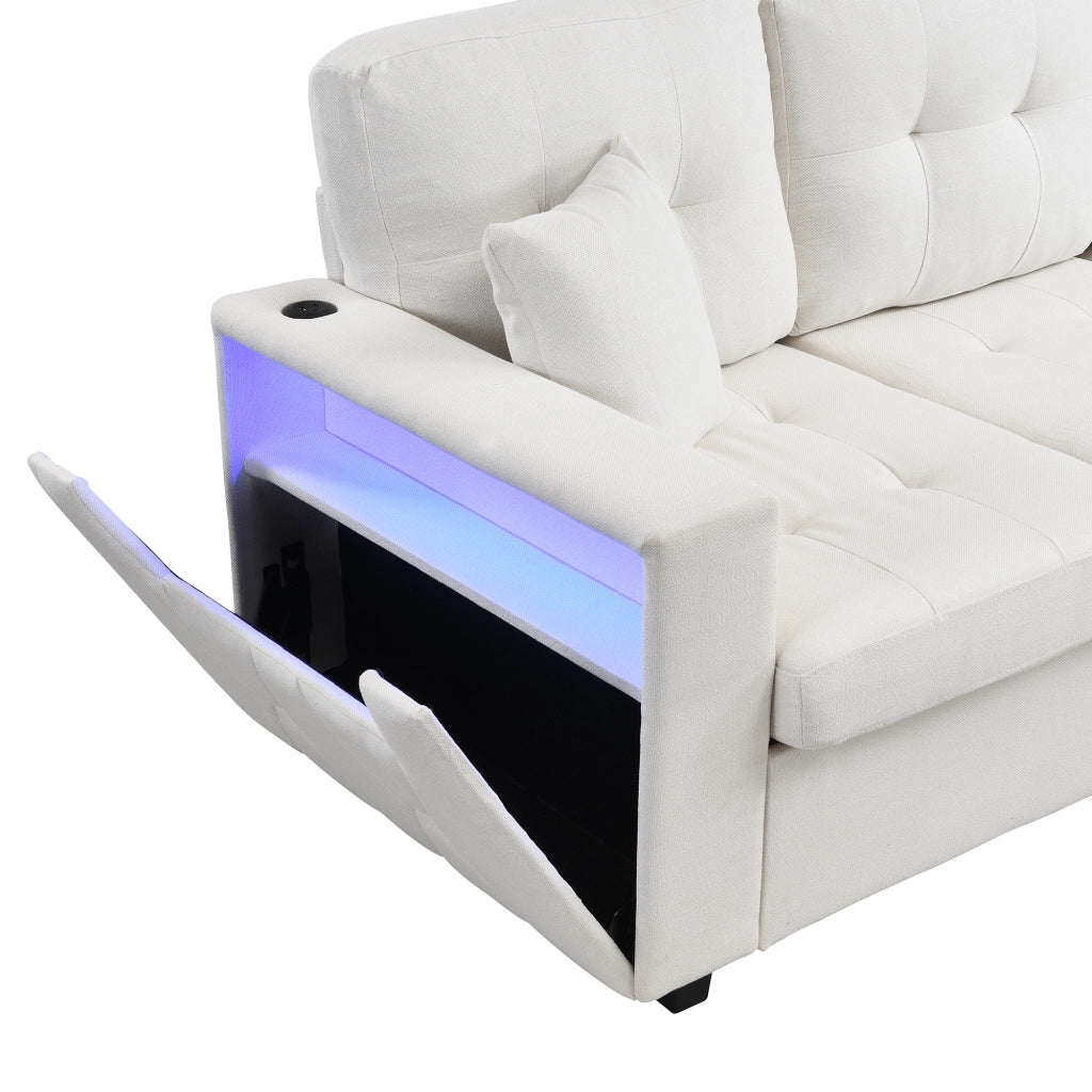 Divano angolare modulare 4 posti con contenitore, LED, USB e Type-C, cuscini e tessuto di lino beige