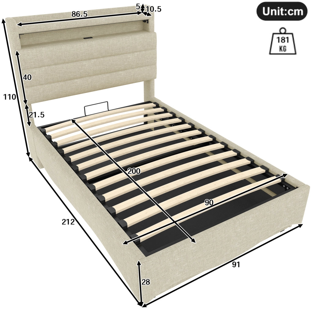 Letto imbottito 90 x 200 cm beige con LED e vano contenitore