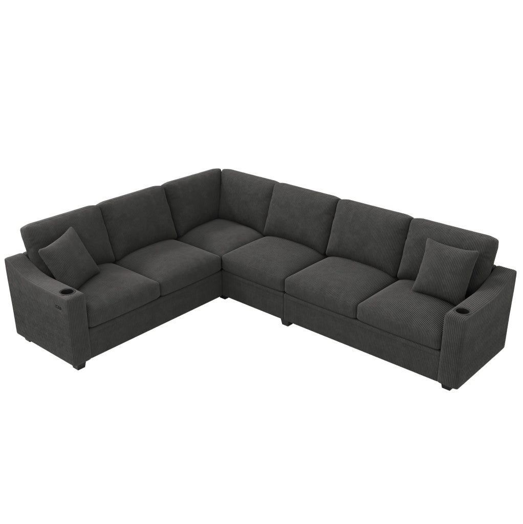 Divano angolare modulare 6-7 posti 277x215 cm con USB-C e portabevande; velluto a coste grigio