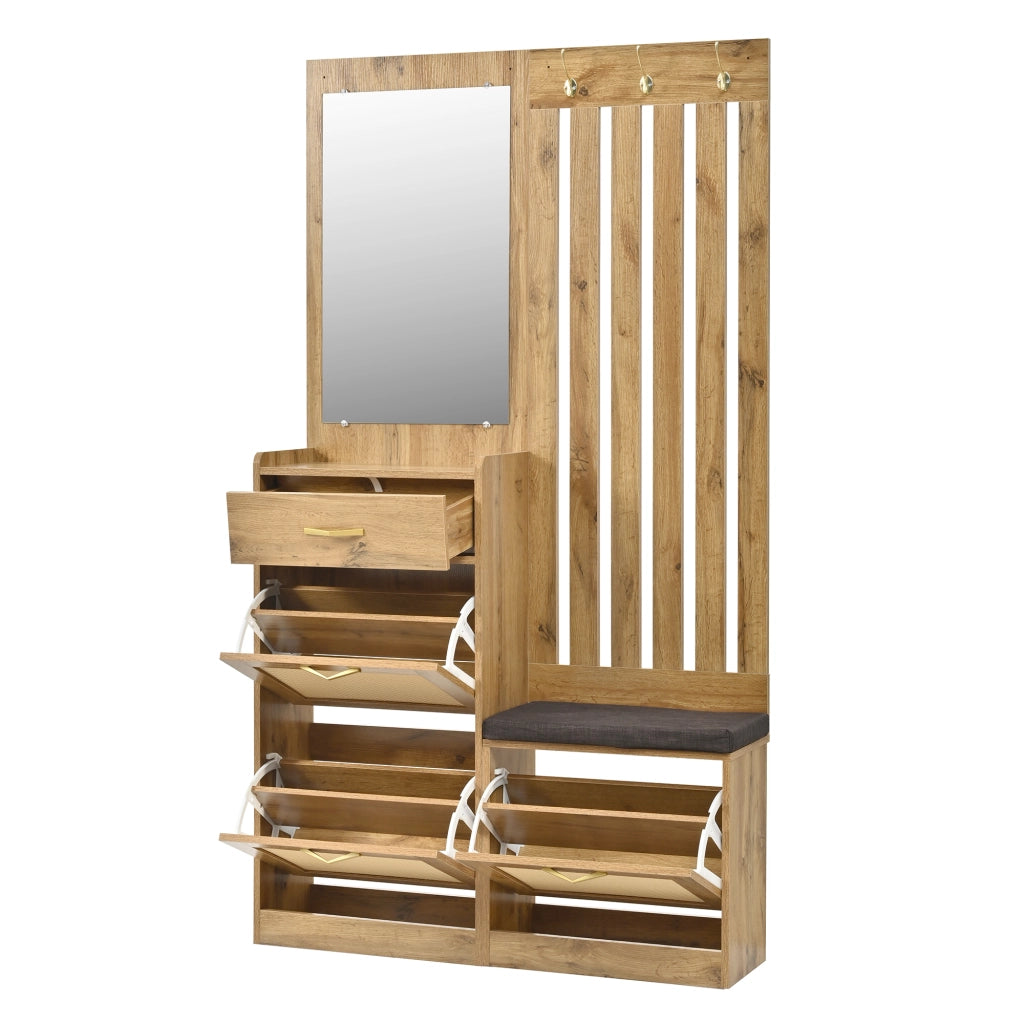 Mobile da ingresso con specchio, panca imbottita, ganci e vani ribaltabili, in MDF naturale, 99,5 × 26 × 180 cm