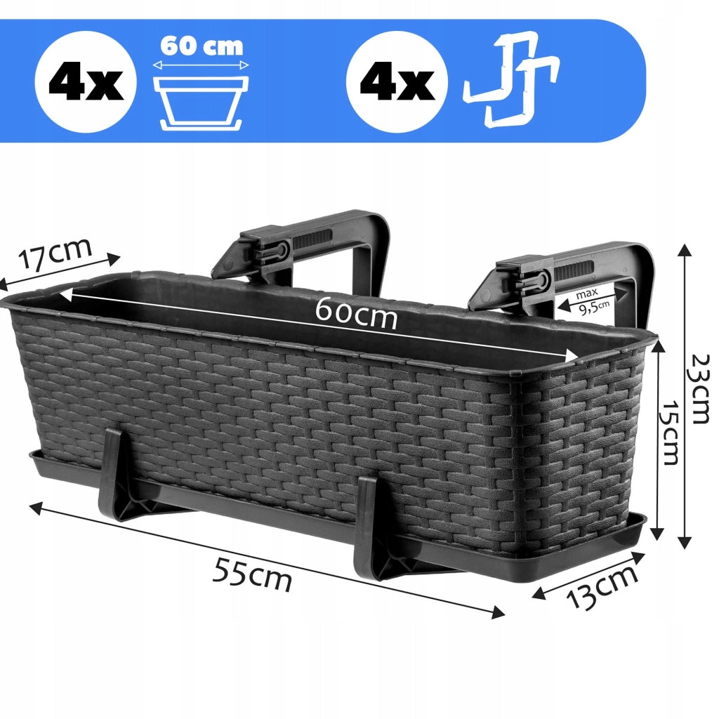 KADAX Set di 4 fioriere da balcone da 60 cm con manici e supporto color antracite