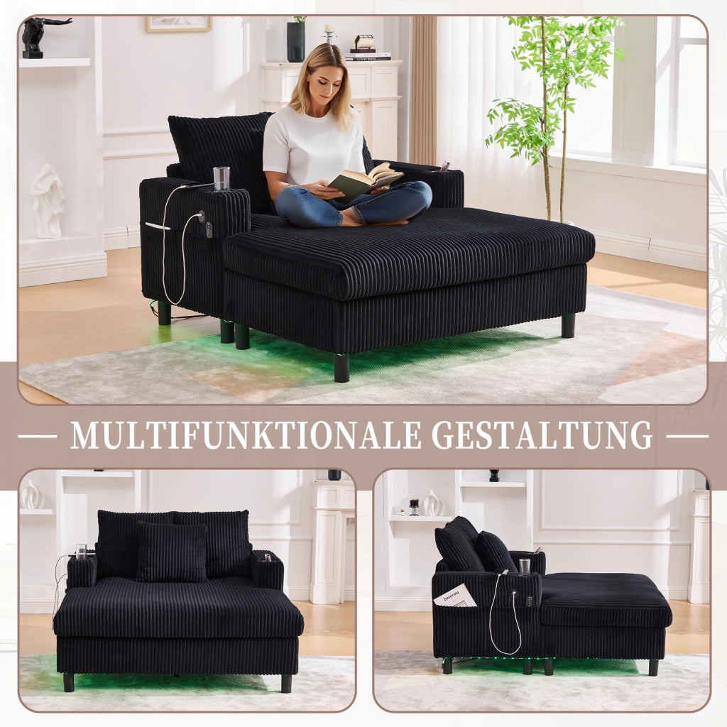 OKWISH Chaise Longue con USB, LED Multicolore e Portabicchieri, Seduta Profonda e Schienale Ergonomico, Velluto a Coste, Nero