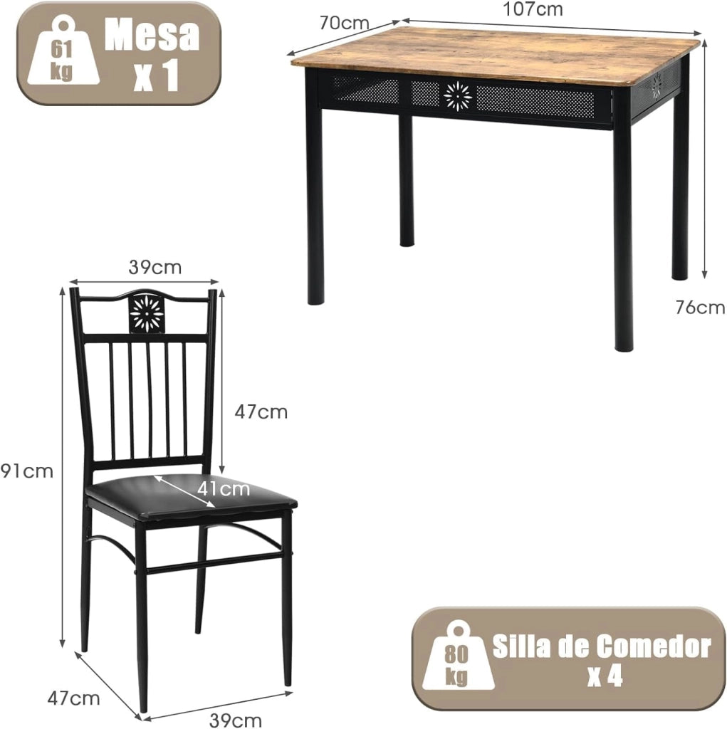 Gianex - Set da tavolo da pranzo da 5 pezzi, set da tavolo rettangolare con 4 sedie tappezzate per 4 persone a casa, sala da pranzo, ristorante