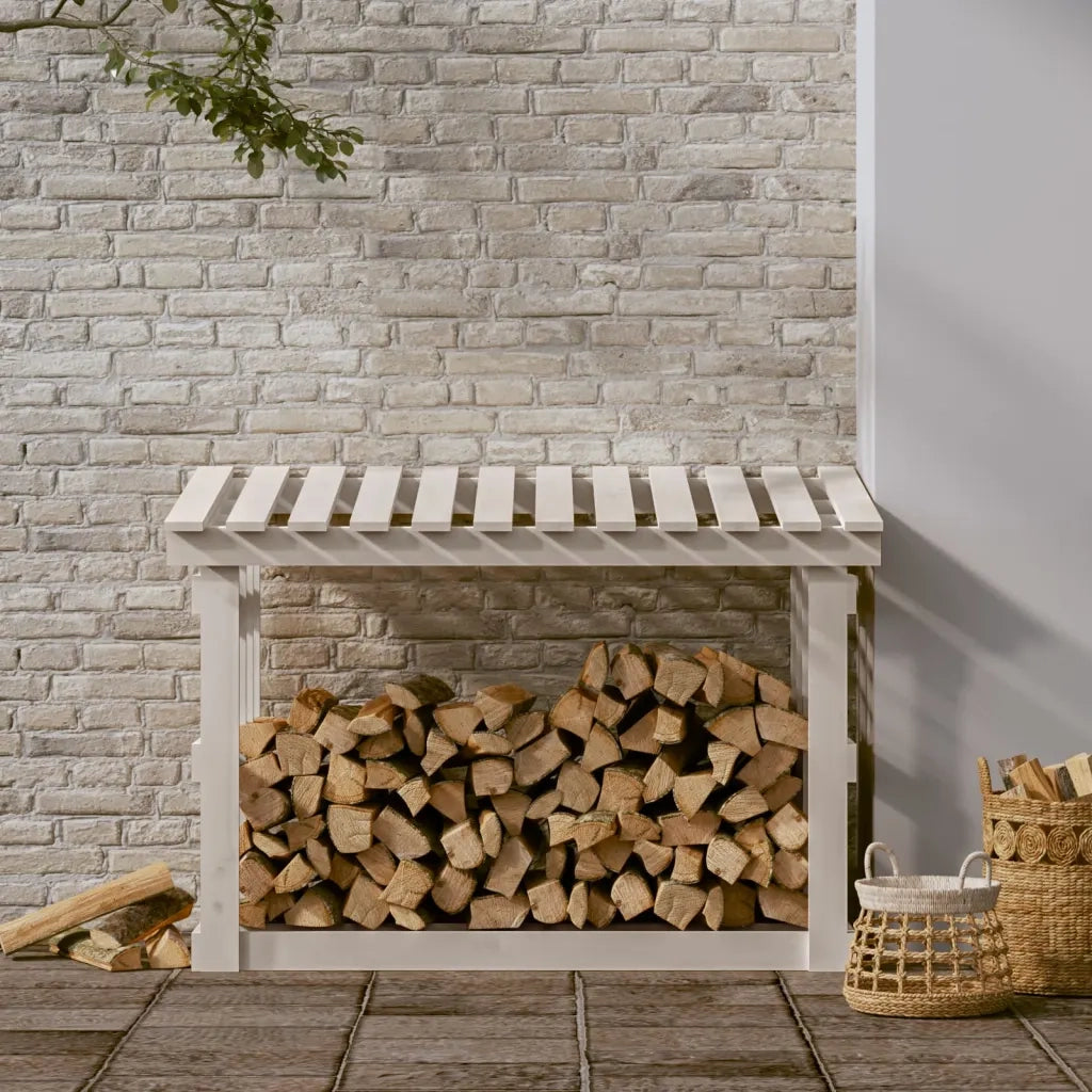 Portalegna-Scaffale per Legna Bianco 108x64,5x77 cm in Legno Massello di Pino