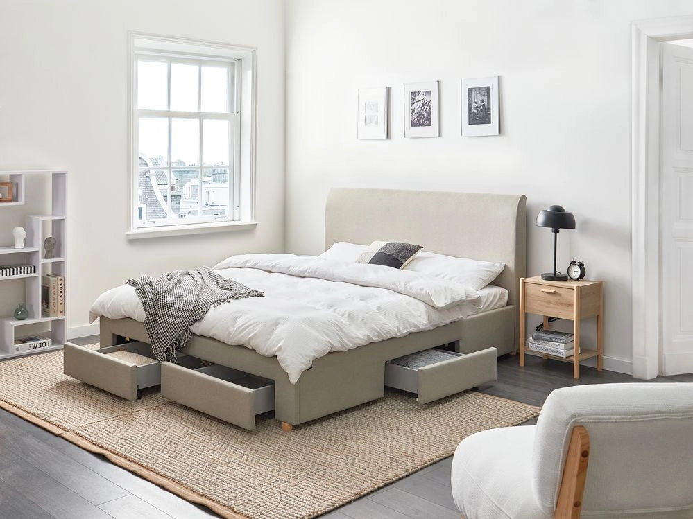 Letto con cassetti imbottito in tessuto 160 x 200 cm con rete a doghe design moderno scandinavo beige