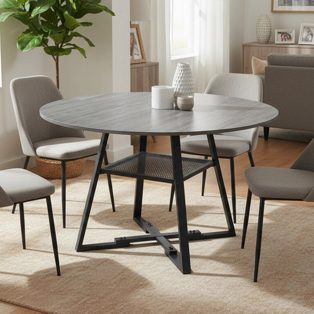 Tavolo per Sala da Pranzo Tondo Grigio con Ripiano Portaoggetti 120x120x76cm