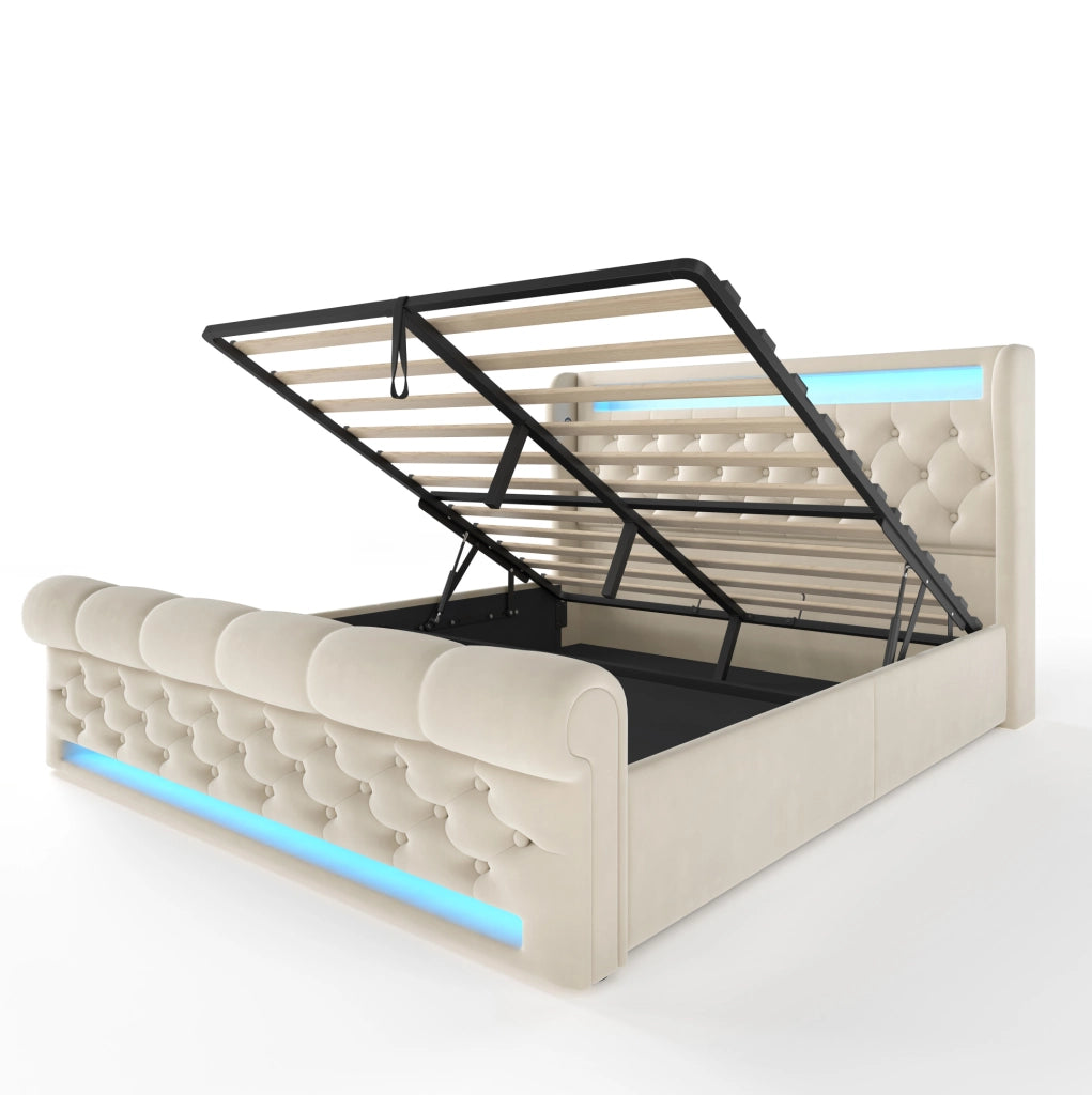 Letto imbottito contenitore 160x200 cm con LED; USB e Type-C; velluto beige con materasso