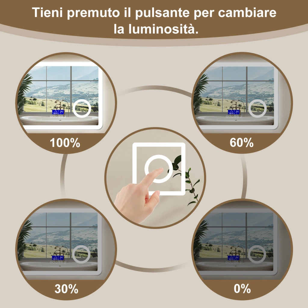 Aica Specchio da bagno bluetooth 120x70cm con antiappannamento + dimmerabile + 3 colori + ingrandimento 3X