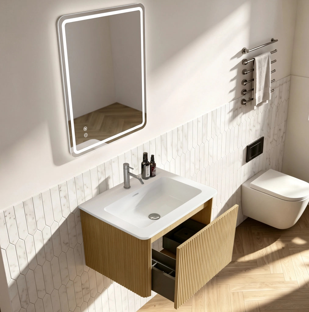 MOBILE BAGNO Sospeso con Specchio LED e Lavabo, Rovere, Set da 2 pezzi