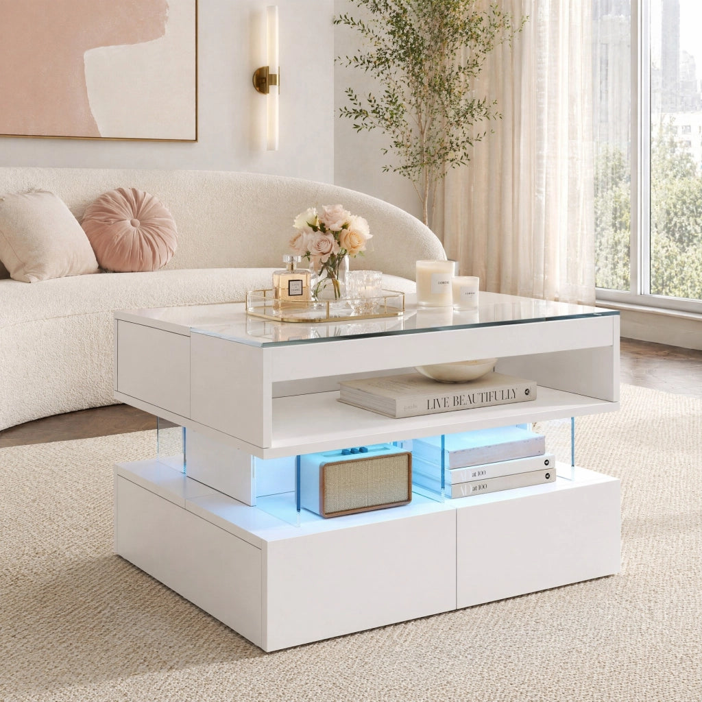 Tavolino da salotto elevabile bianco con LED e piano in vetro