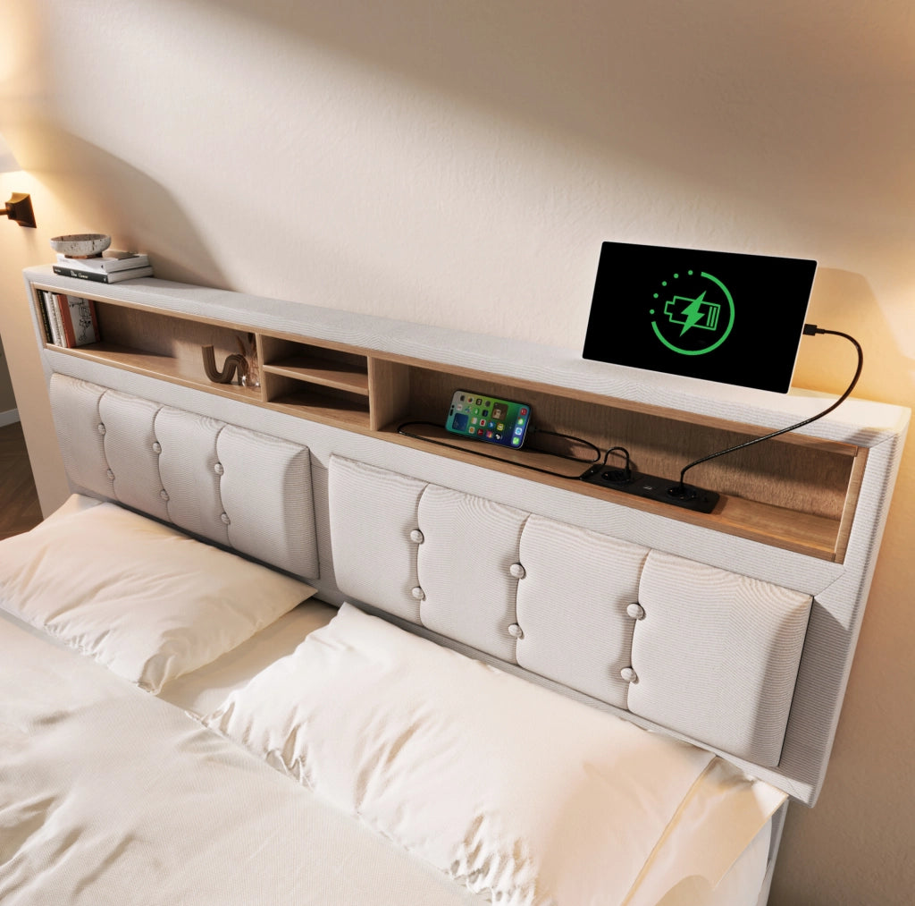Letto matrimoniale imbottito 140x200 cm con testiera regolabile; USB e contenitore; beige