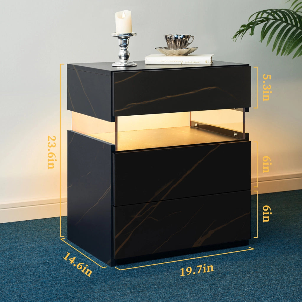 Comodino ULEVR nero e oro con 3 cassetti, illuminazione LED RGB e pannello in acrilico