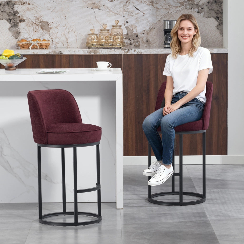 Set di 2 Sgabelli da Bar con Schienale Ergonomico e Poggiapiedi; per Cucina e Bancone; Lino Rosso Vino
