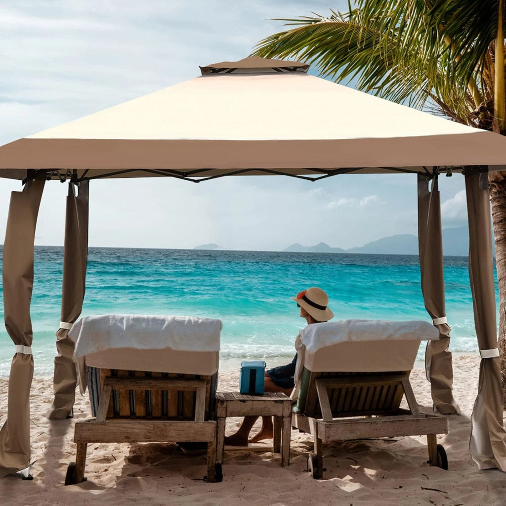 Gazebo da Giardino 395 x 395 cm Pop Up, Gazebo Pieghevole con Doppio Tetto e 3 Altezze Regolabili, con Borsa,Tessuto Oxford, Impermeabile, per Feste, Barbecue, Giardino, Spiaggia (Marrone)