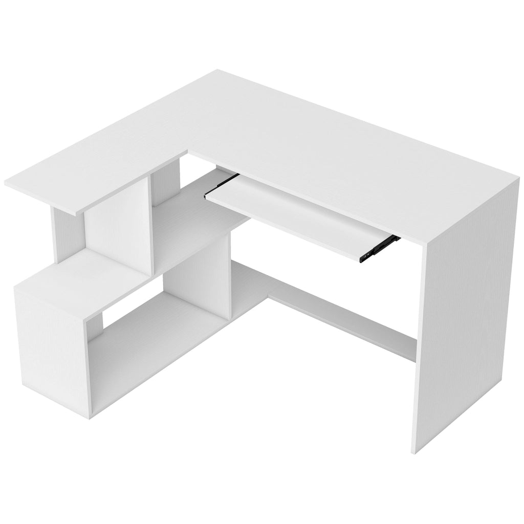 Scrivania Angolare Moderna 120x100x76 cm con Ripiano Scorrevole per Tastiera e Scaffale a 4 Ripiani Bianco