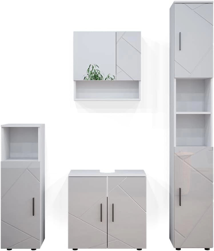 Set mobili bagno Irma, Bianco lucido, 80 cm, composto da mobile lavabo, pensile a specchio, colonna e base media