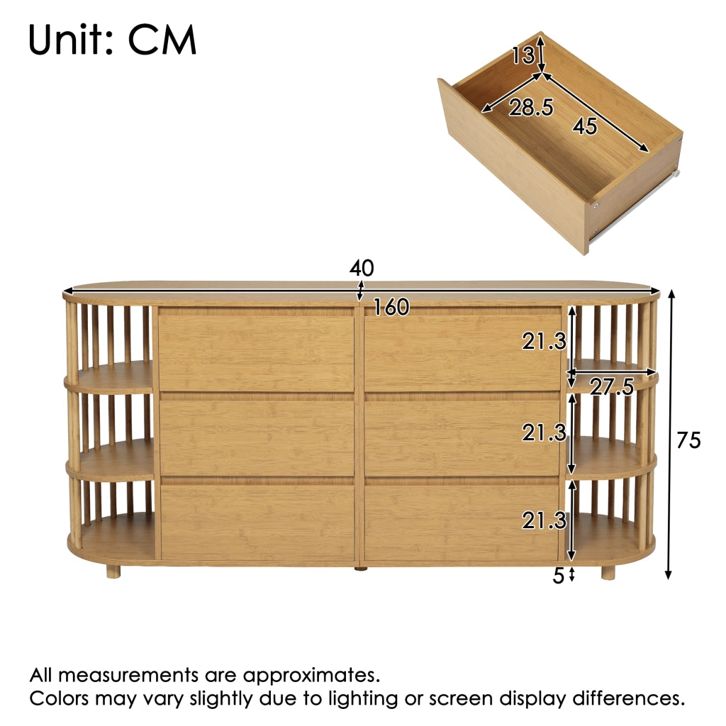 Credenza con 6 Cassetti e Ripiani Aperti in Bamb??; Design Romano; in MDF e Bamb??; 160??40??75 cm; Rovere