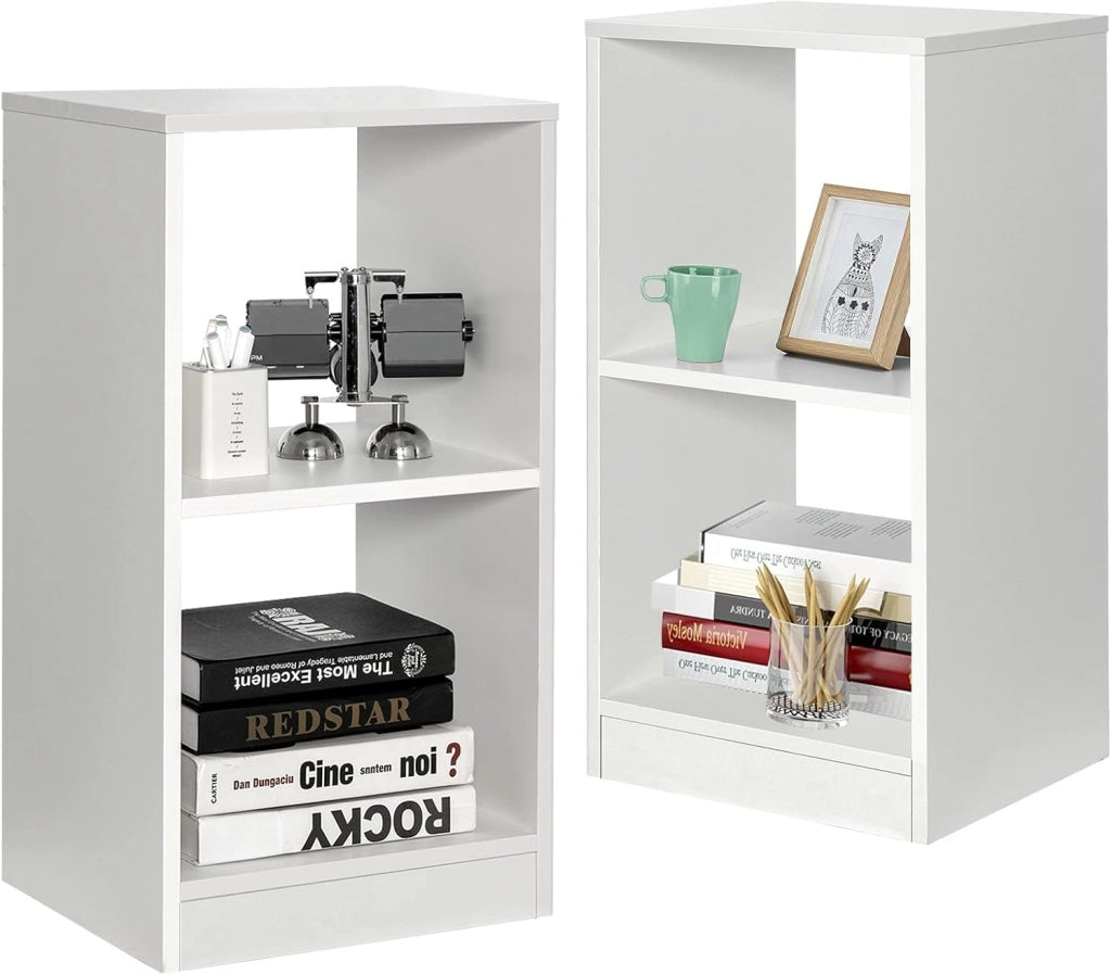Set di 2 Scaffale Aperto, Libreria Scaffale a 2 Ripiani, Tavolino da Comodino, Supporto per CD Multifunzione per Soggiorno, 33x38,2x73 cm, Bianco
