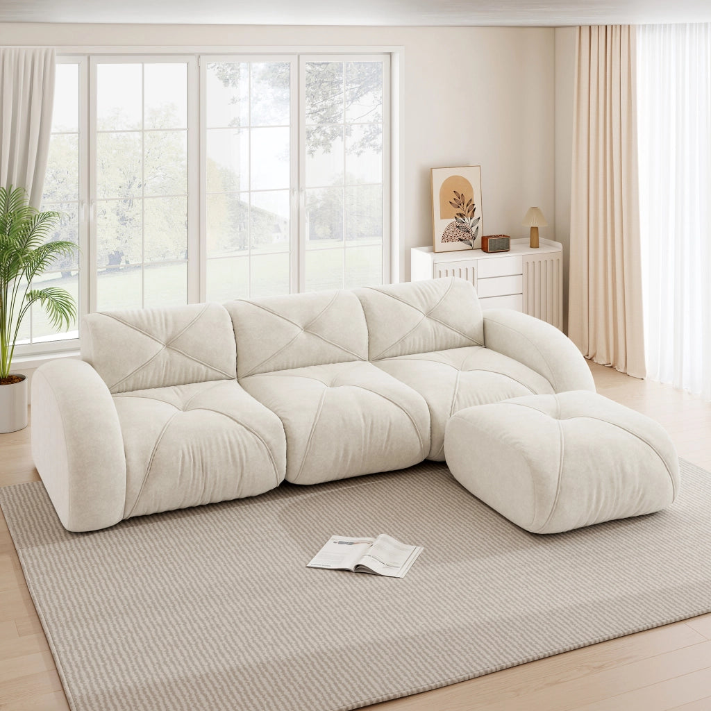 Divano modulare angolare senza montaggio per soggiorno con poggiapiedi in ciniglia beige chiaro 281 × 171 × 76 cm