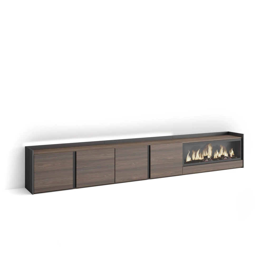 Mobile TV Soggiorno, 315x50x35 cm, Per TV fino a 80", Camino elettrico XXL, LED, Rovere scuro e Nero
