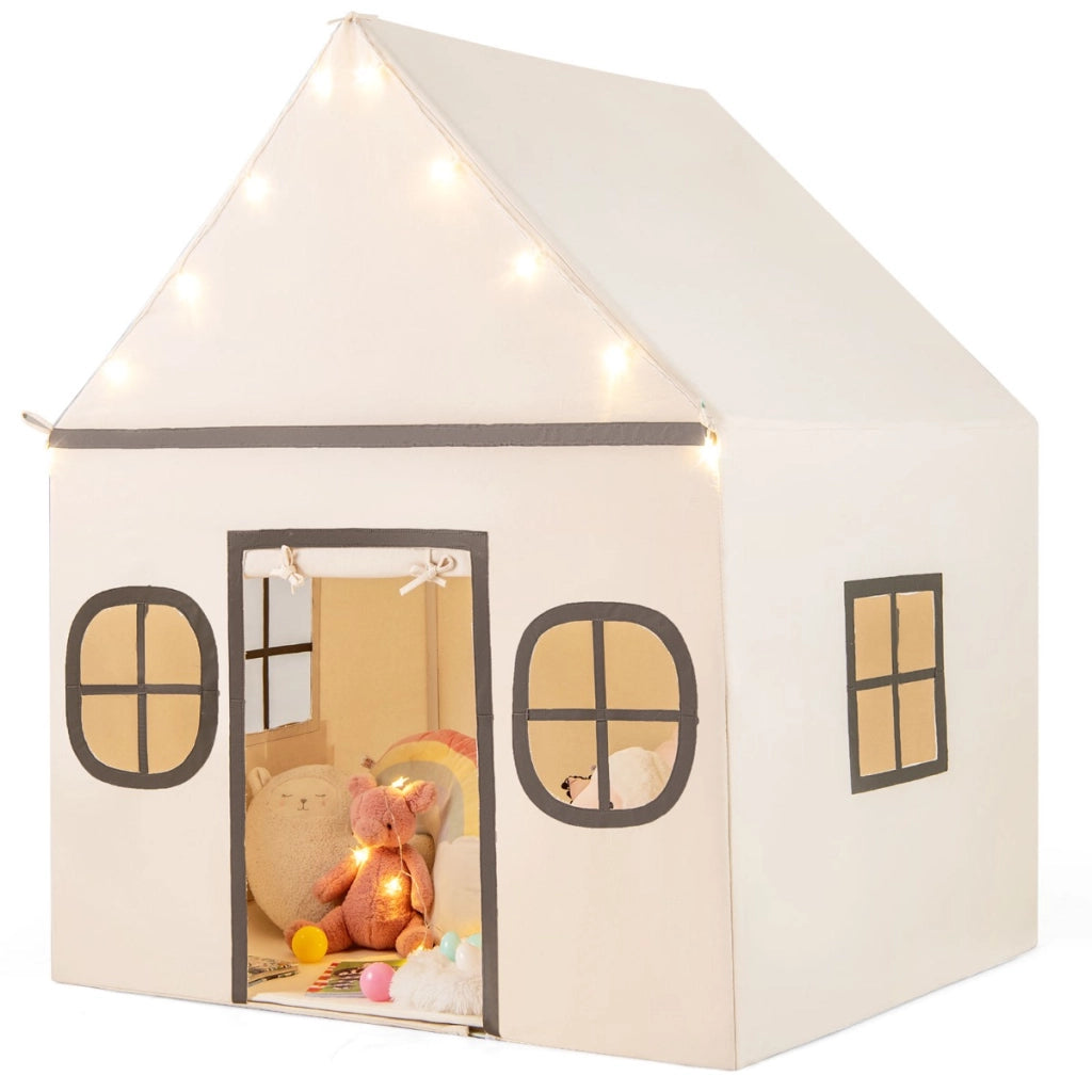 Tenda da gioco per bambini con tenda porta e finestre e luci a stella, Tenda da interno per bambini e bambine 3-10 anni Beige