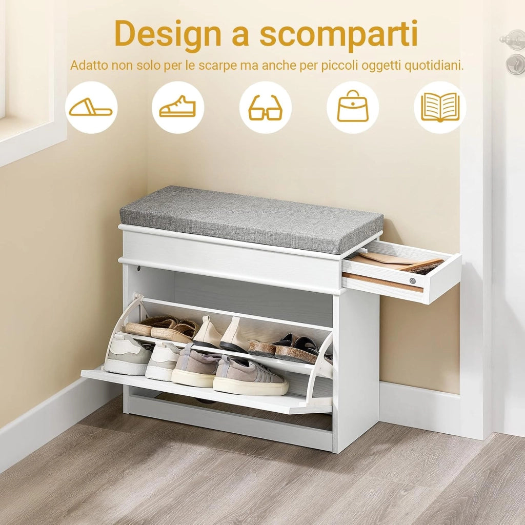Scarpiera Salvaspazio Slim con Seduta Panca Scarpiera da Ingresso Contenitore in Legno Mobile Ingresso per Scarpe, 61x24x54cm Effetto Legno Invecchiato Bianco FSR82-K-WG