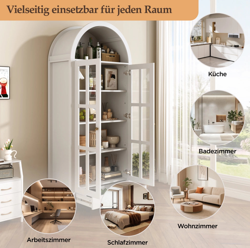 Vetrina alta ad arco 75x35x170;5 cm in MDF bianco con ante in acrilico trasparente e cassetto
