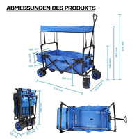 Carretto a mano pieghevole, max 70 kg, tessuto impermeabile blu, Carrello spiaggia con parasole