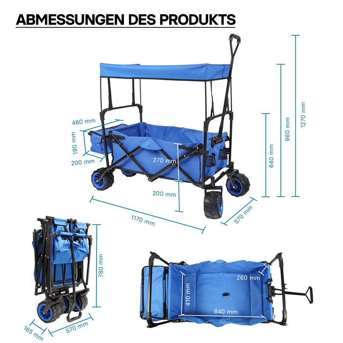 Carretto a mano pieghevole, max 70 kg, tessuto impermeabile blu, Carrello spiaggia con parasole