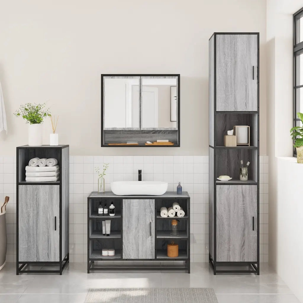 Set Mobili da Bagno 3 pz Grigio Sonoma in Legno Multistrato