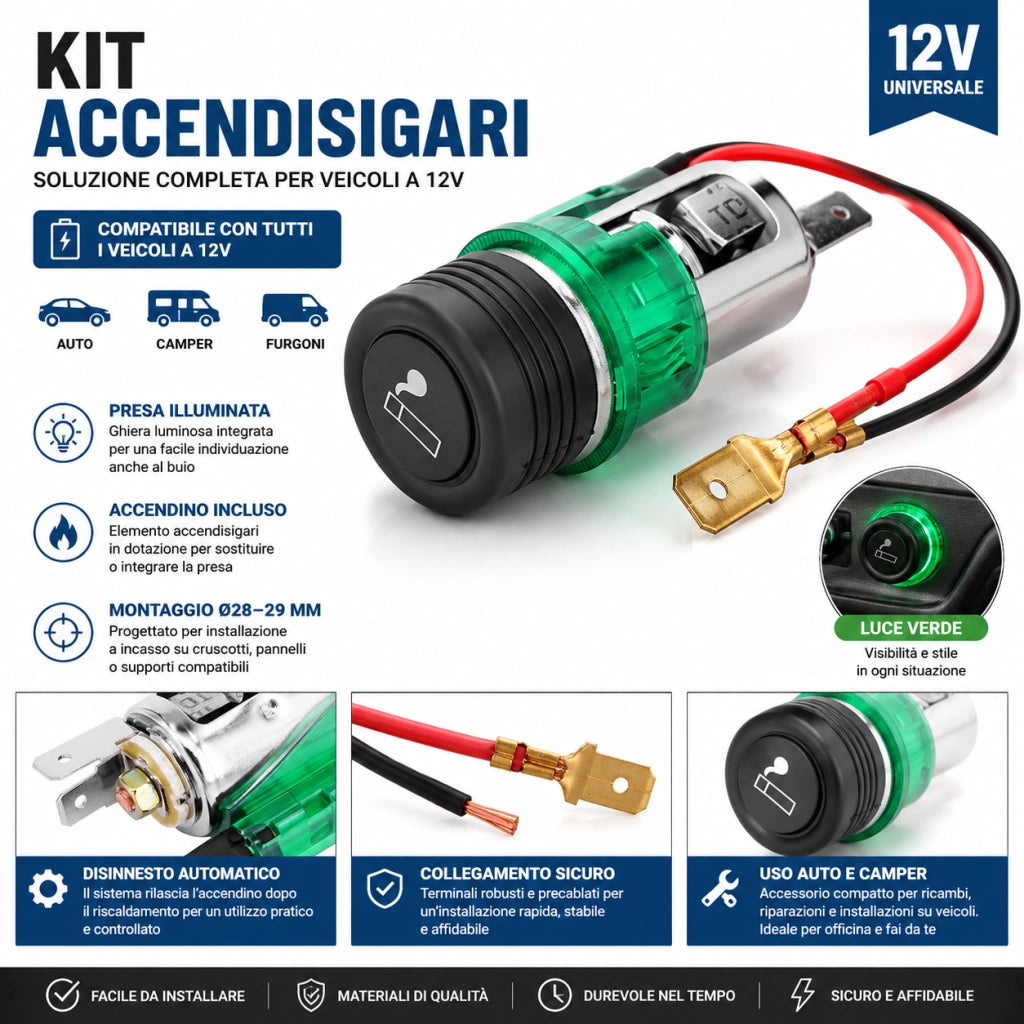 Kit Accendisigari per Auto 12V Illuminato Incasso Ø28-29 mm