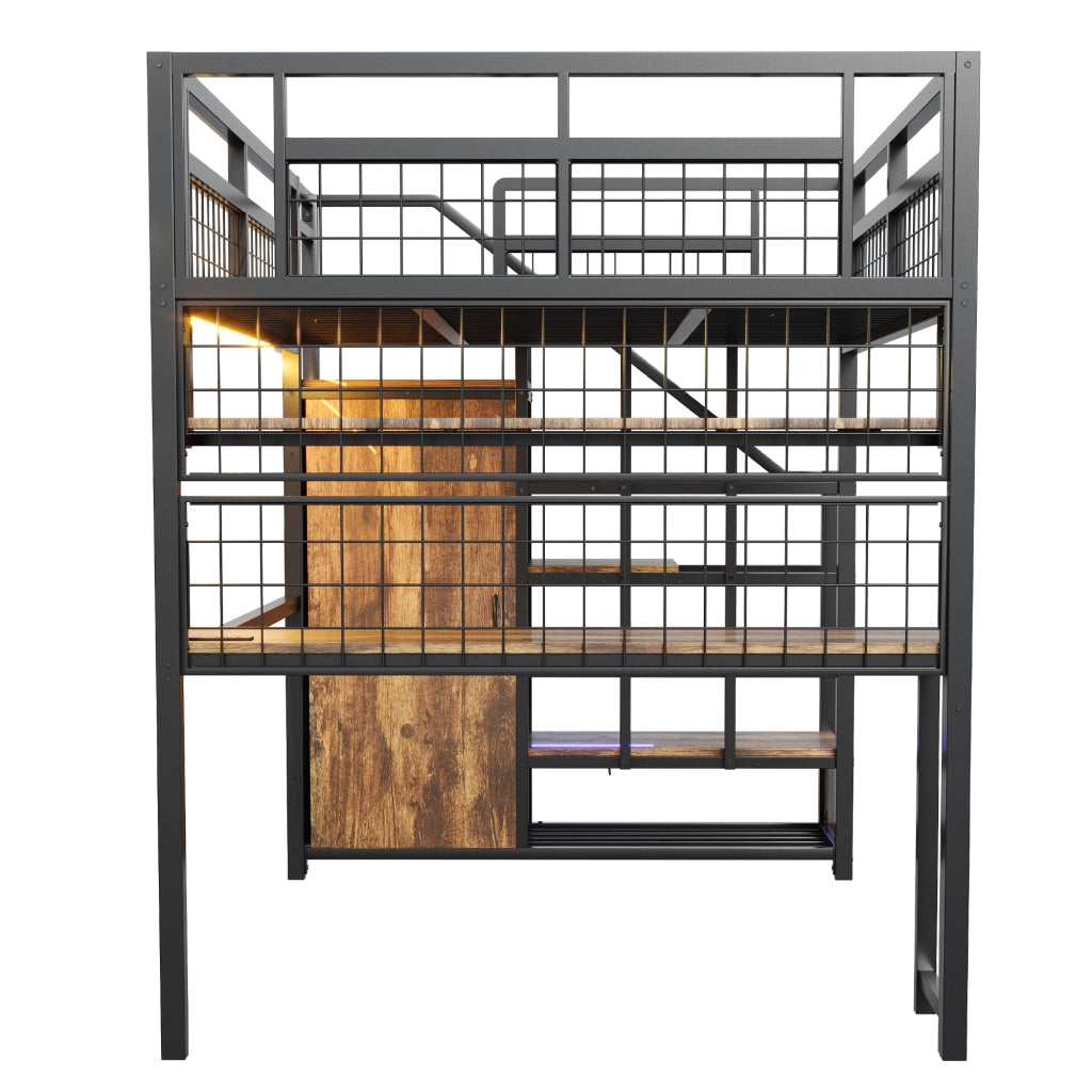 Letto a soppalco in metallo 140x200 cm nero con scrivania, scaffale, scala contenitore, armadio e luci integrate